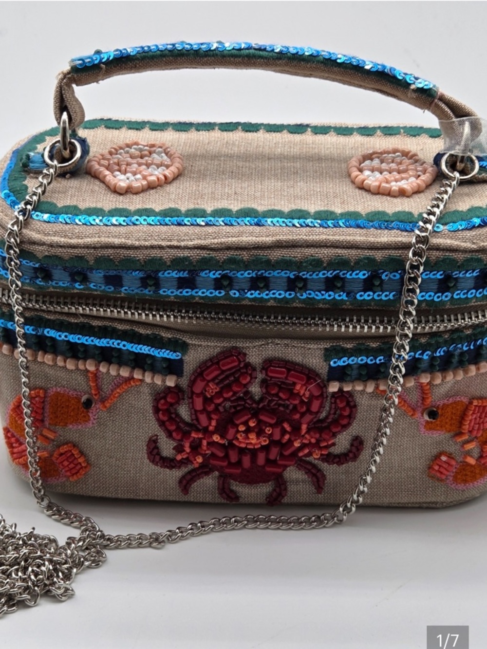 Handmade in India Beaded Crab Lobster Box Bag Crossbody Purse Coastal NWT